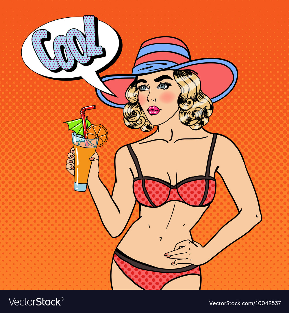 Woman in swimsuit with cocktail pop art