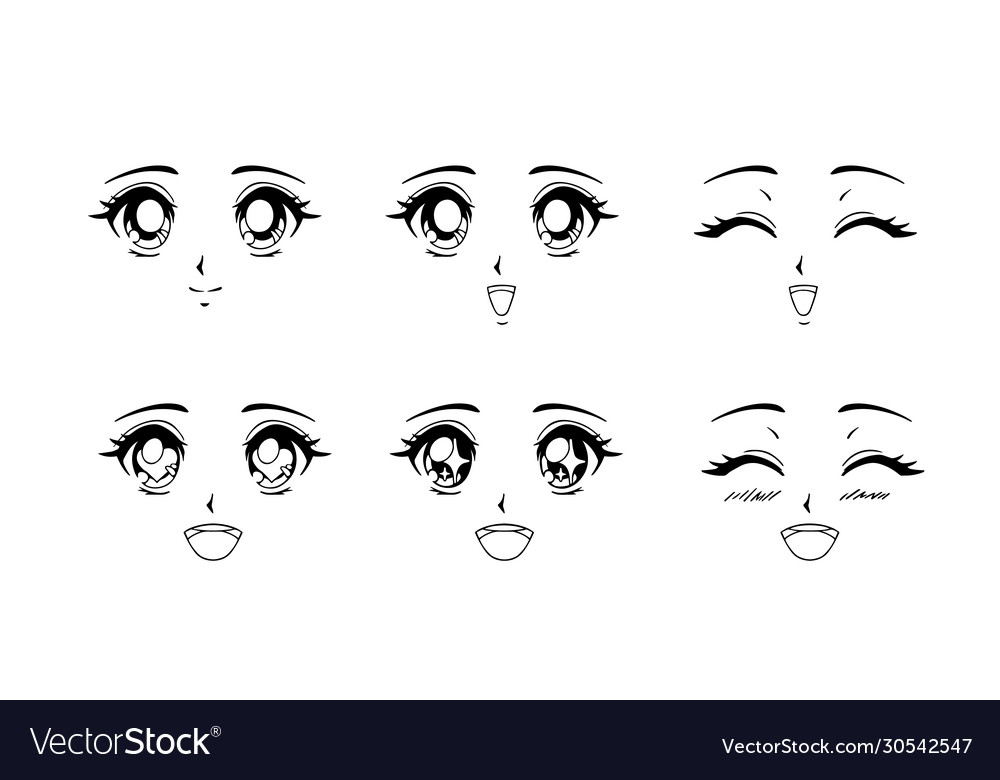 Happy Anime Style Big Blue Eyes Hand Drawn Vector Illustration