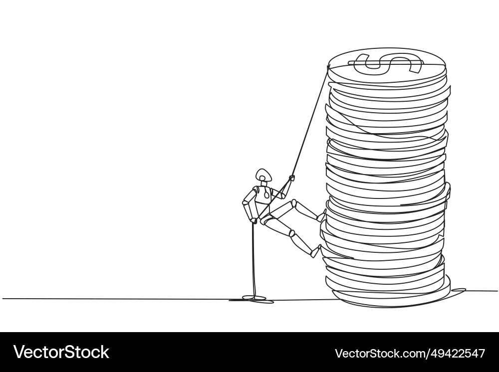 Single one line drawing smart robot climbs stack Vector Image
