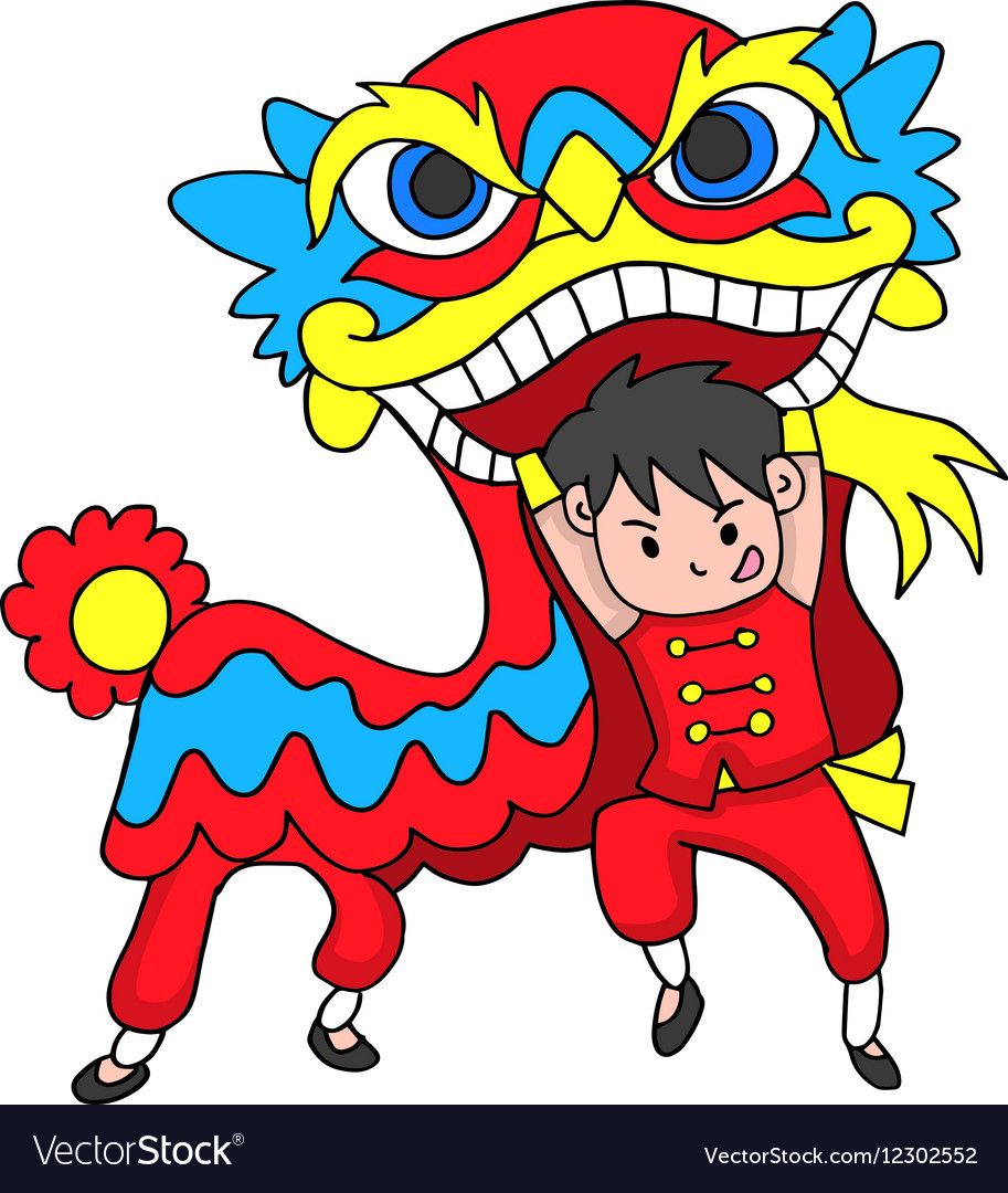 Boy with lion dancing traditional celebration Vector Image