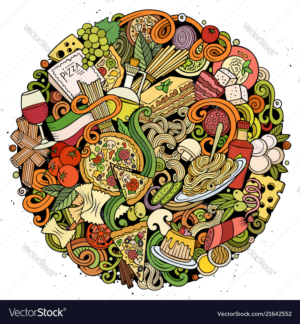 Cartoon doodles italian food Royalty Free Vector Image