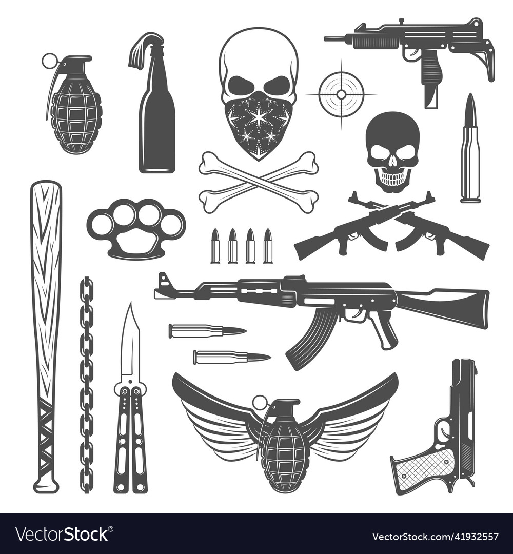 Gangster monochrome elements set Royalty Free Vector Image