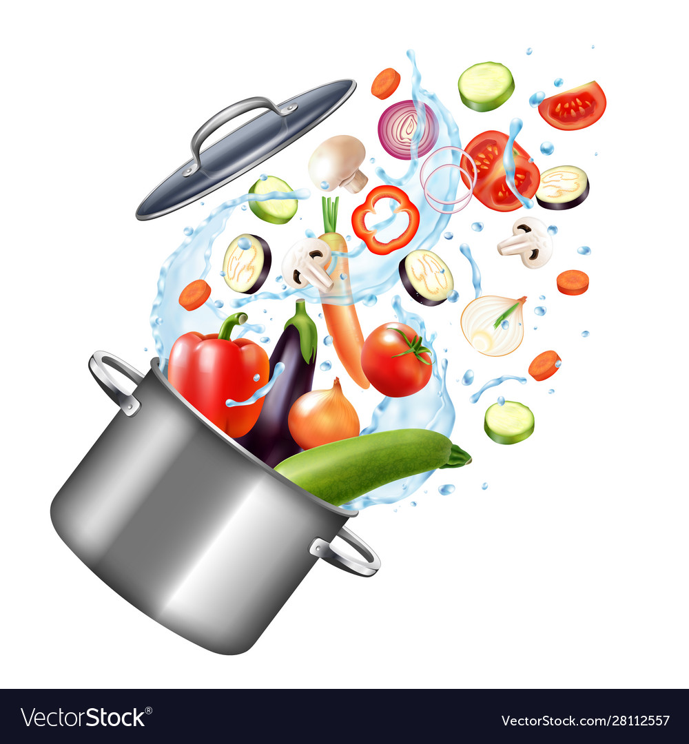 Vegetables pot realistic composition Royalty Free Vector