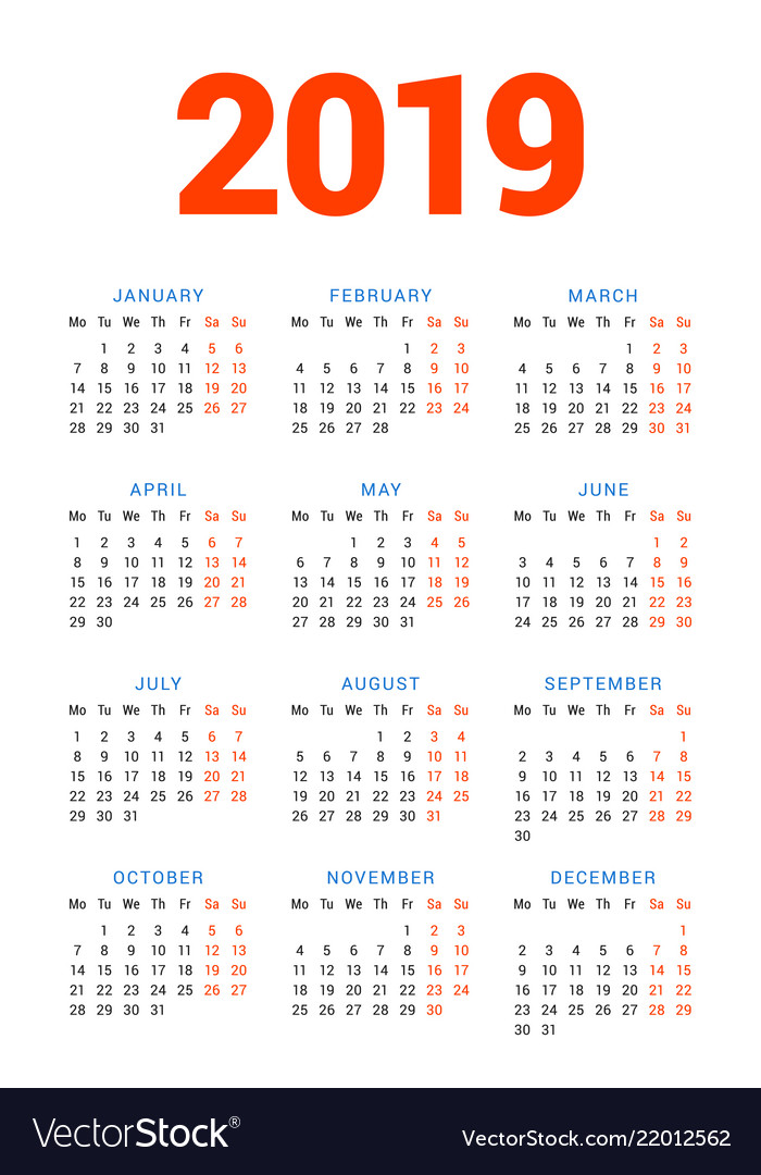 Calendar for 2019 year on white background week Vector Image