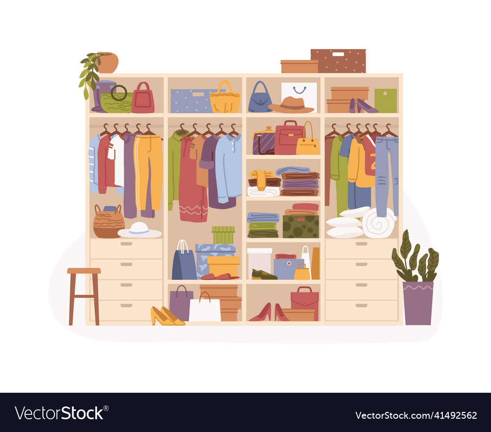 Woman wardrobe with organized clothes accessories Vector Image