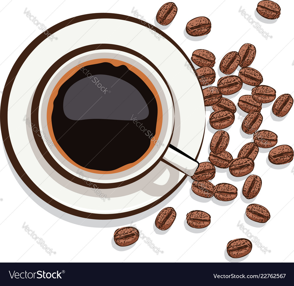 Cup black coffee and scattered coffee beans Vector Image