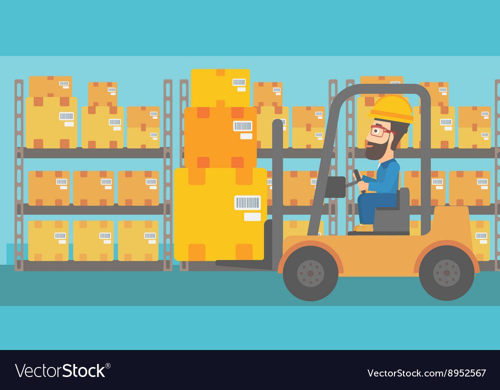 Warehouse worker moving load by forklift truck Vector Image