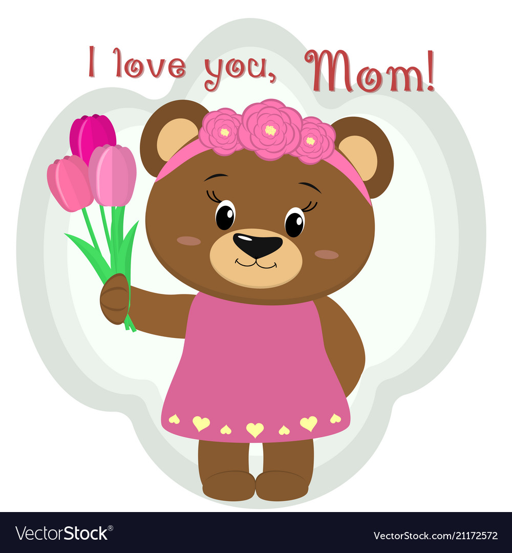 A cute brown bear holds three tulips