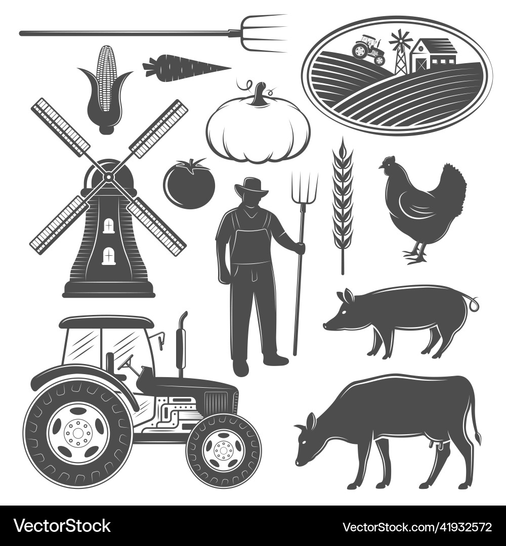 Farm monochrome elements set Royalty Free Vector Image