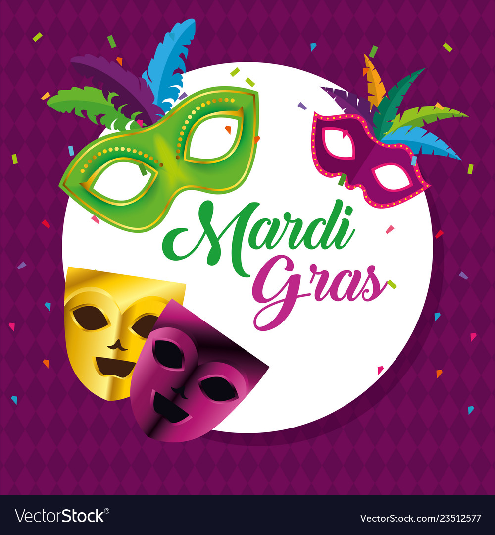 Circle emblem with masks to mardi gras celebration