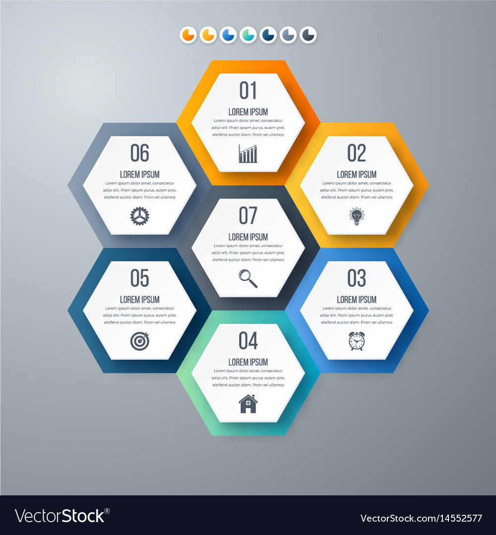 Infographics template 7 options with hexagon Vector Image