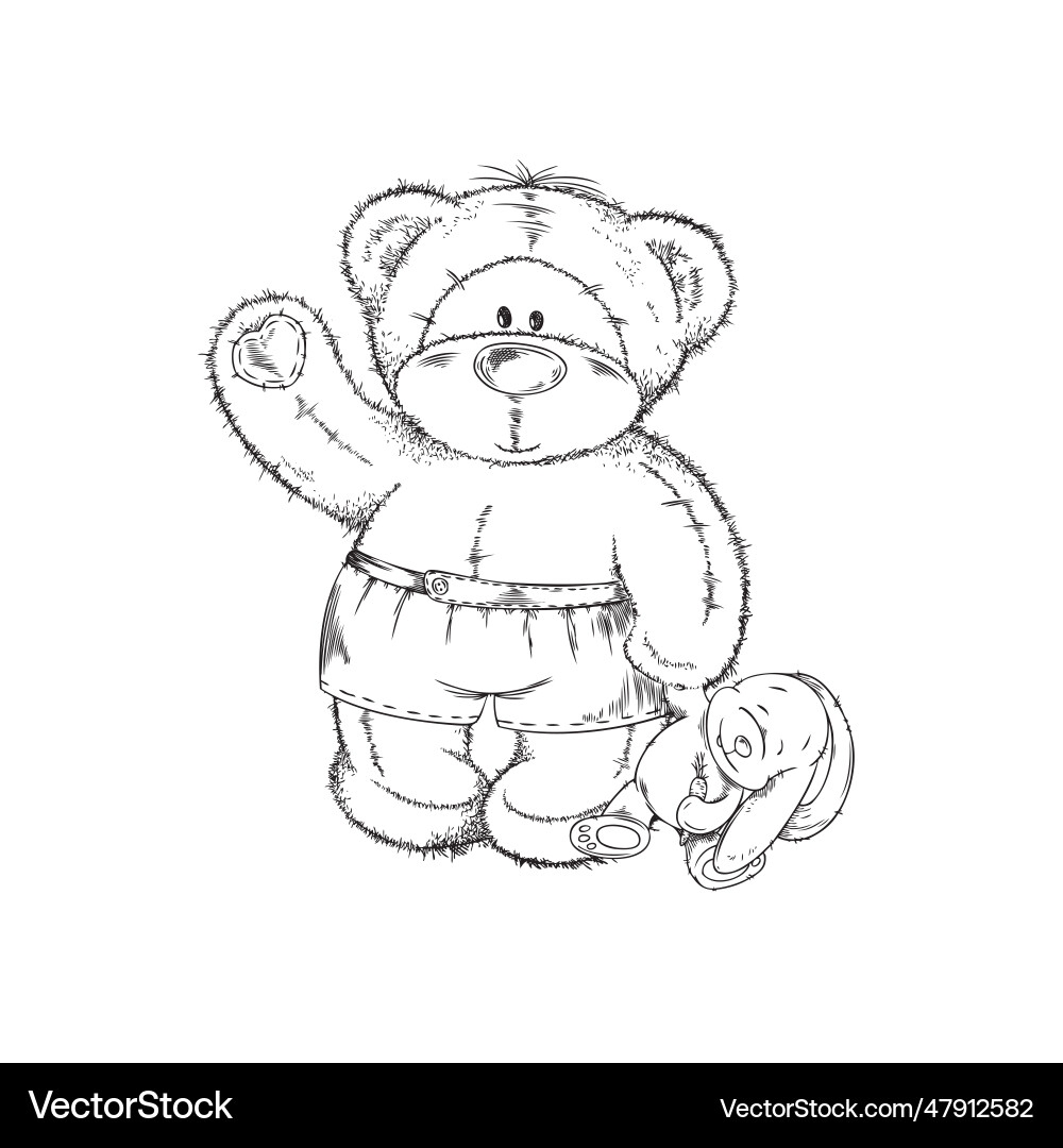 Colorless hand drawn funny teddy bear boy Vector Image