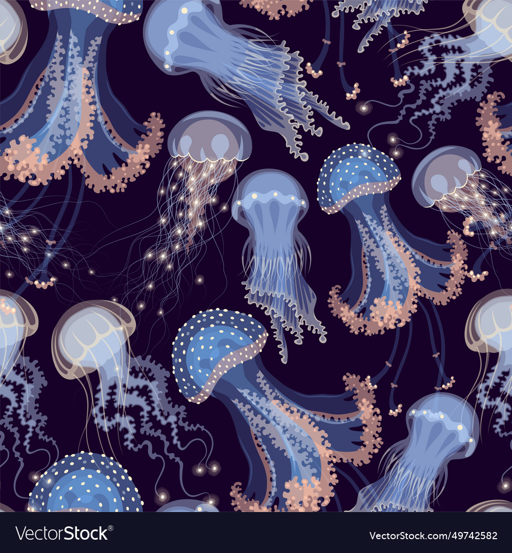 Seamless pattern with glowing jellyfish Royalty Free Vector