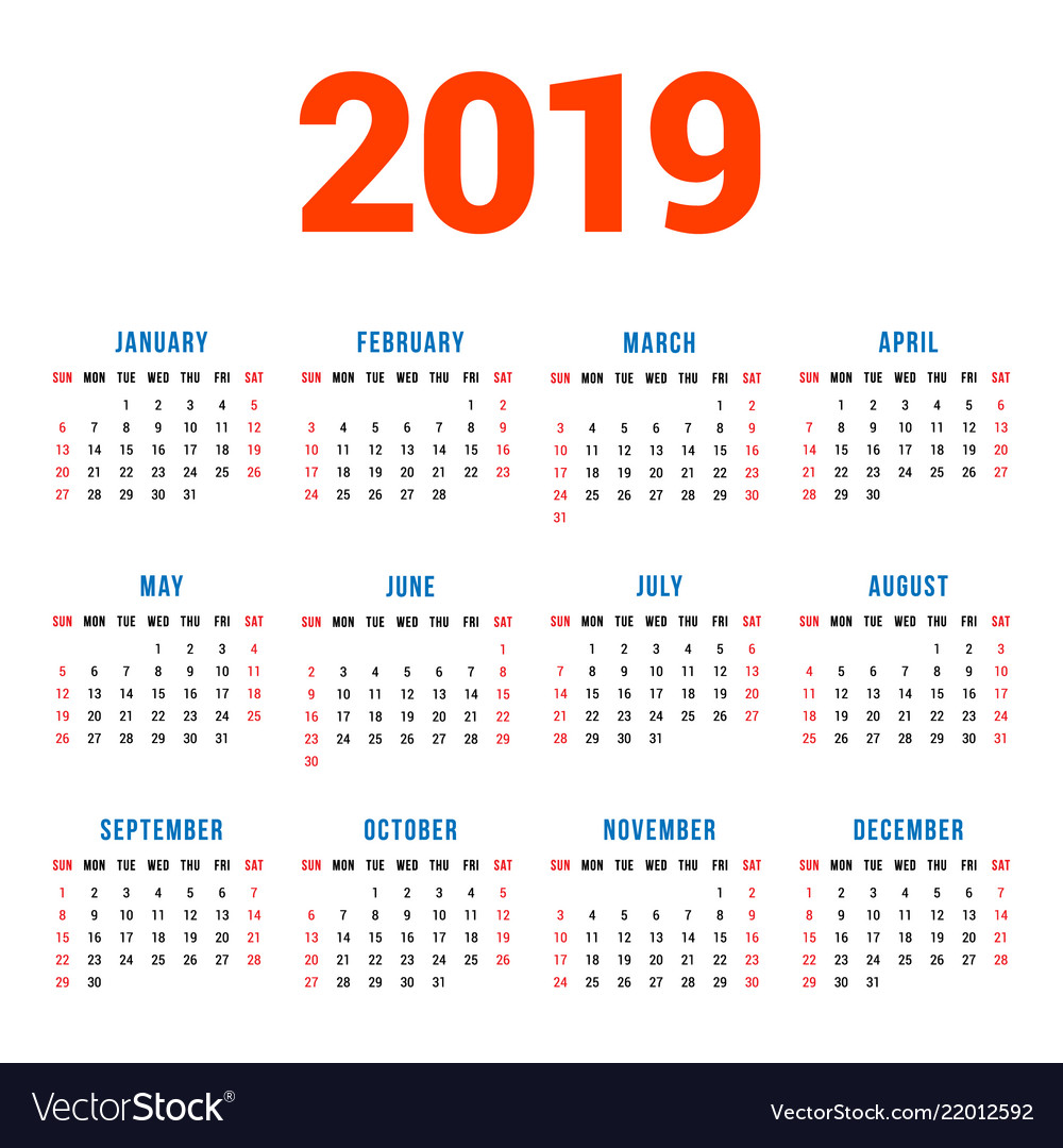 Calendar for 2019 year on white background week