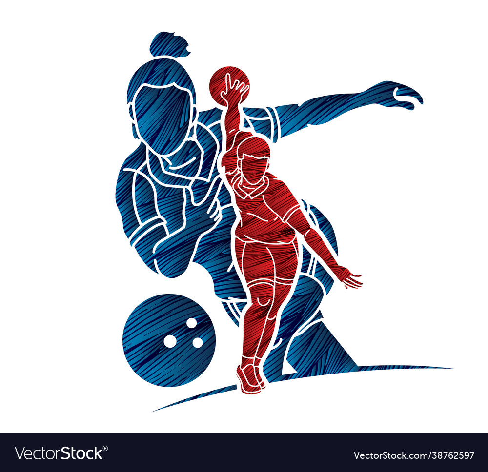 Bowling sport bowler female players action cartoon