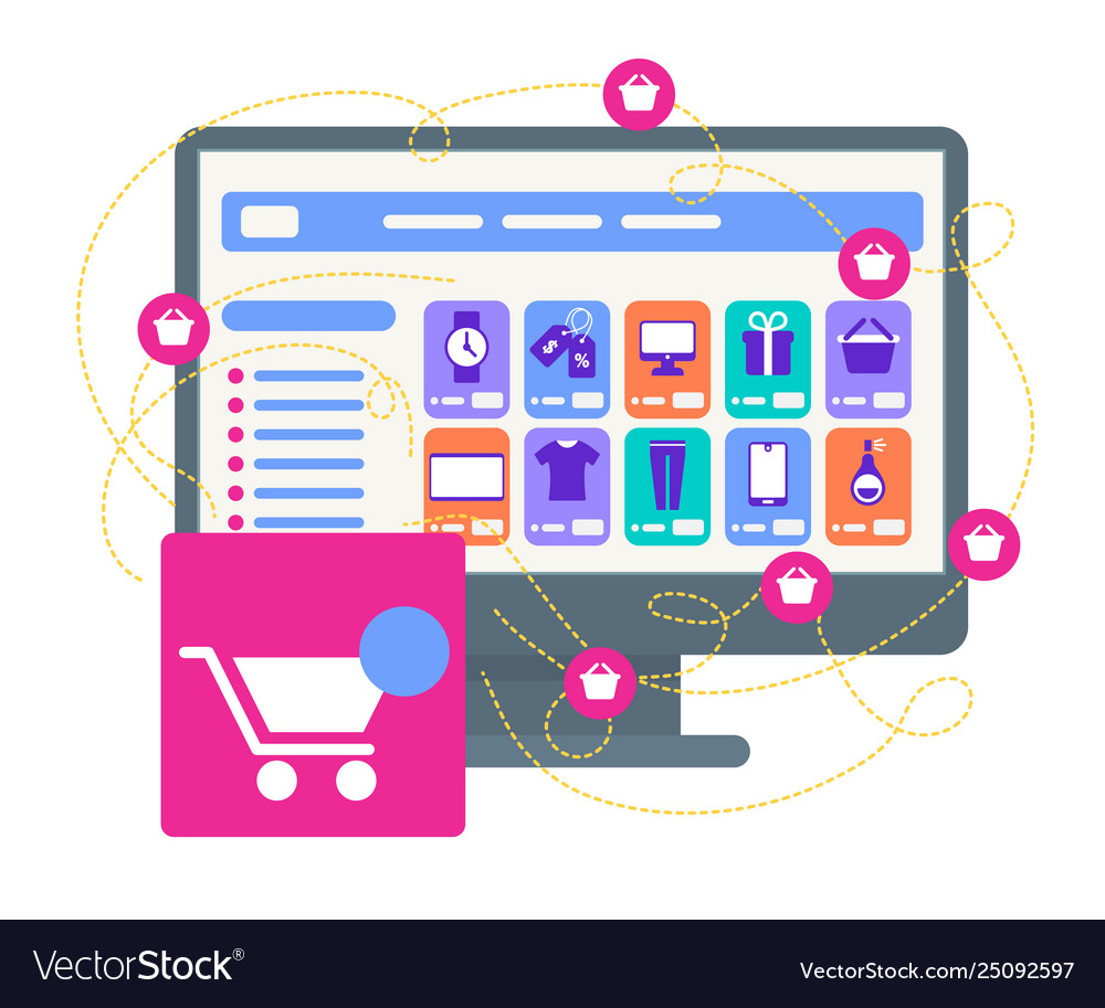 Shopping trolley stand at big computer monitor Vector Image