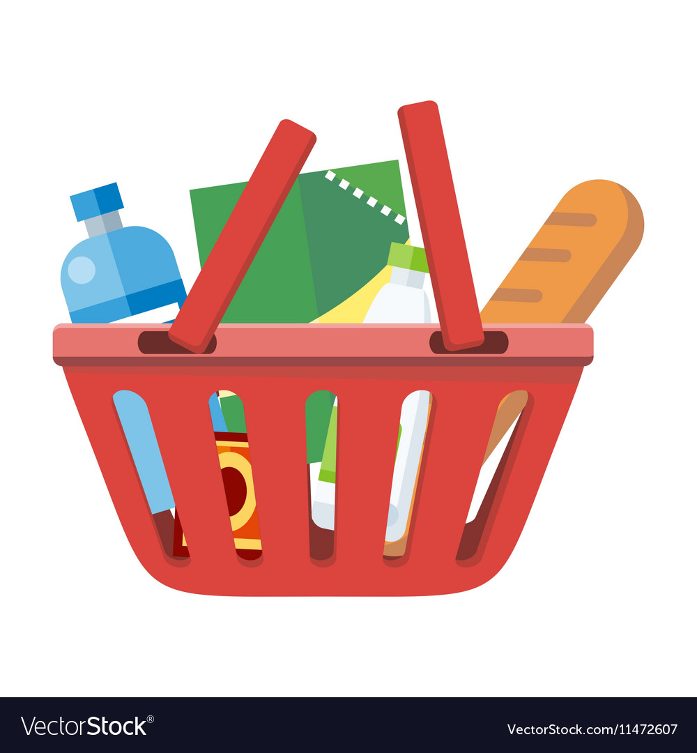 Red shopping basket with different products Vector Image