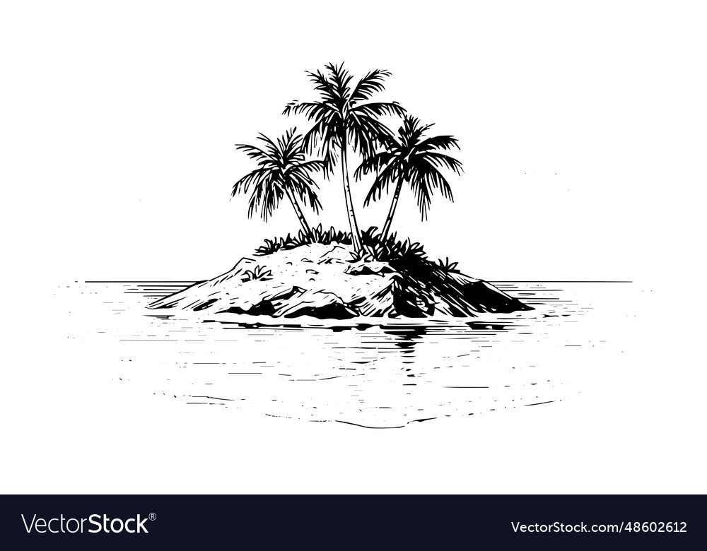 Islands with palms landscape hand drawn ink sketch