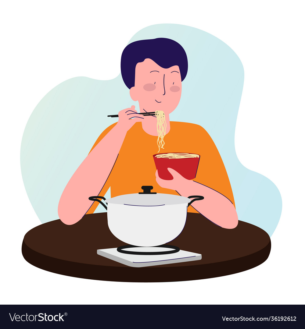 Men eat noodles use chopstick on table Royalty Free Vector