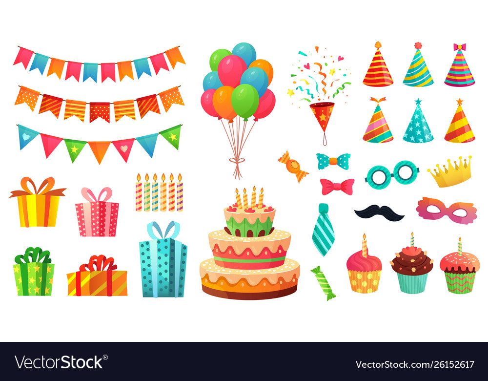 Cartoon birthday party decorations gifts presents Vector Image