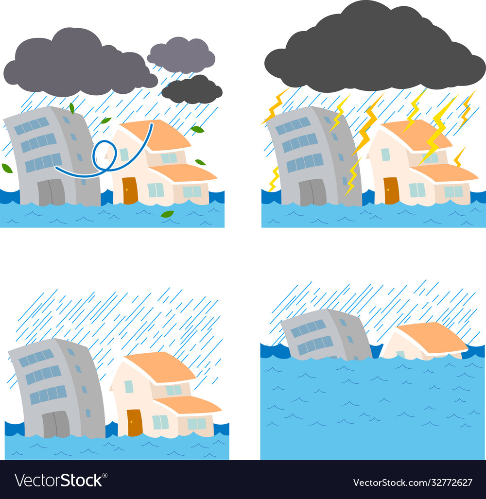 Buildings and houses damaged heavy rain Royalty Free Vector