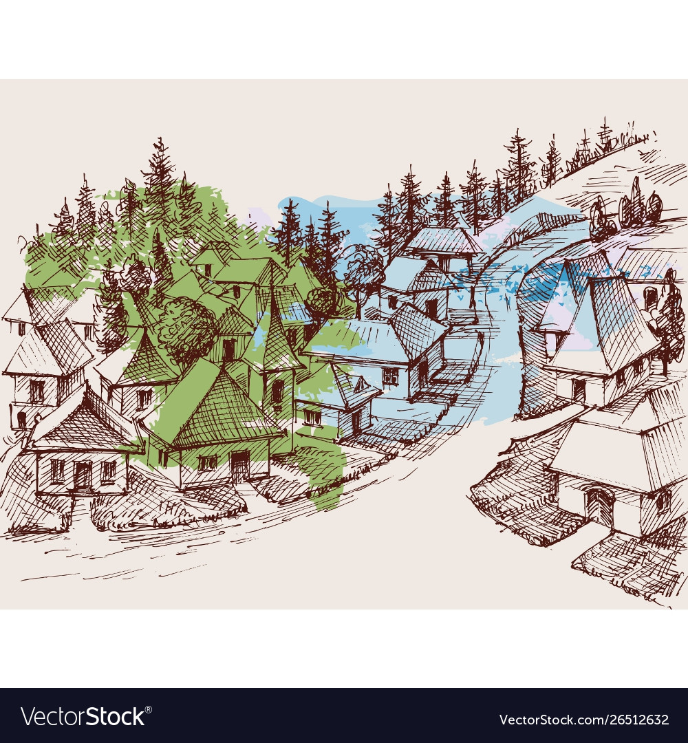 Village hand drawing pine forest in background Vector Image