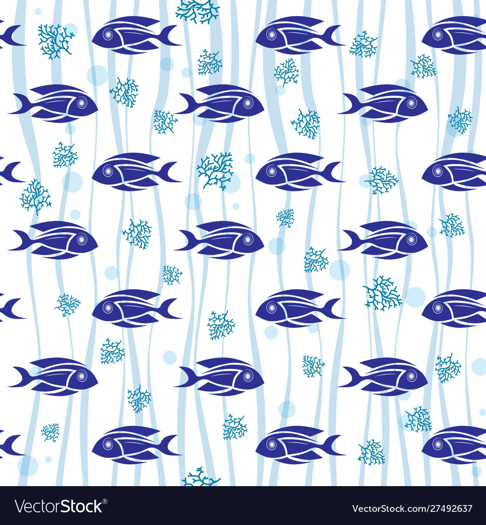 Blue fish and bubbles seamless pattern