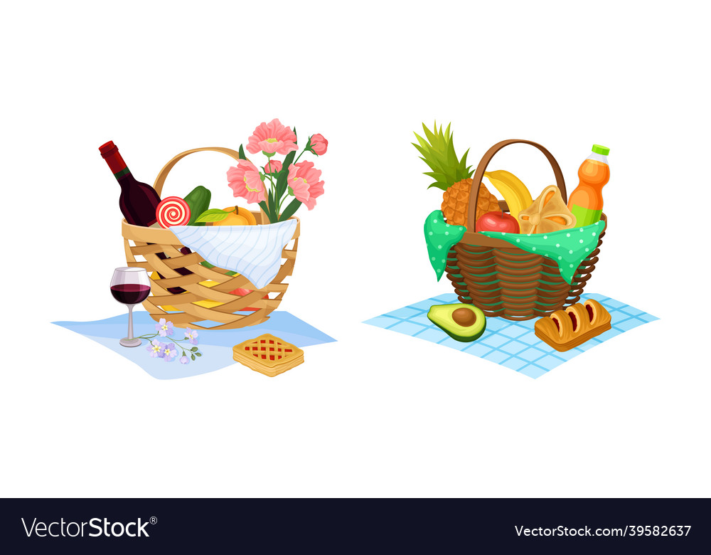 Picnic baskets full of food and drinks set wicker