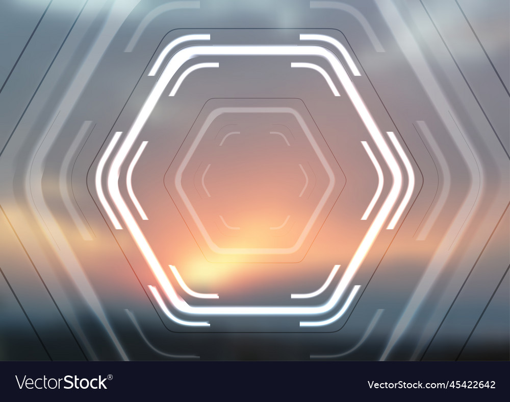 White glowing hi-tech hexagons on blurred sunset Vector Image