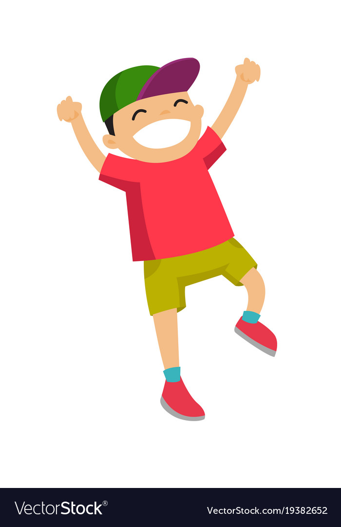 Caucasian white boy jumping with raised hands up Vector Image