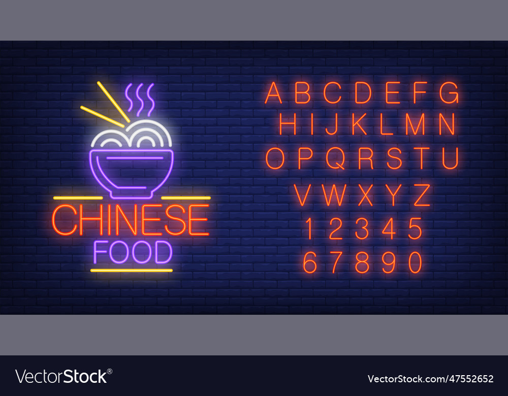 Chinese food and alphabet colorful neon sign set Vector Image