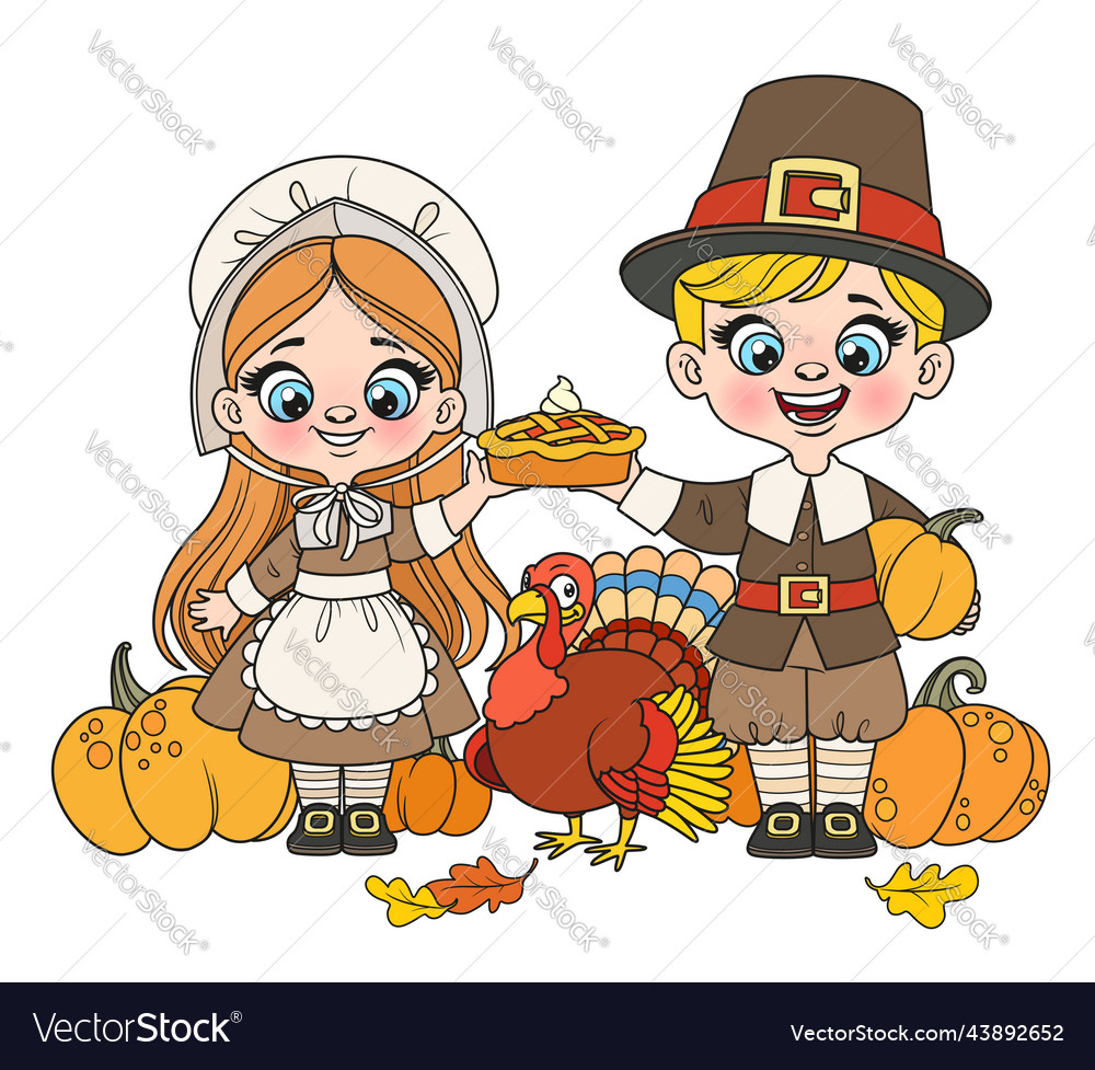 Cute cartoon pilgrims boy and girl with pie Vector Image