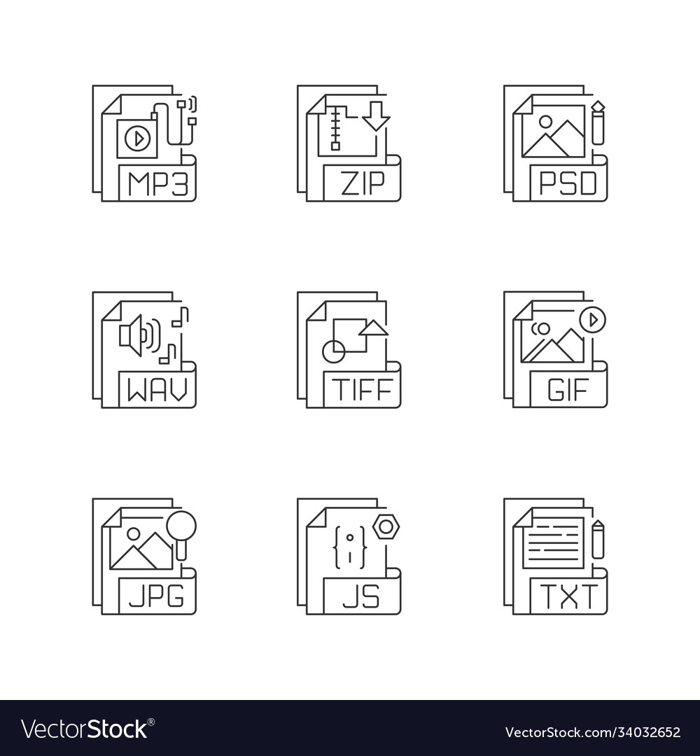 File formats pixel perfect linear icons set Vector Image