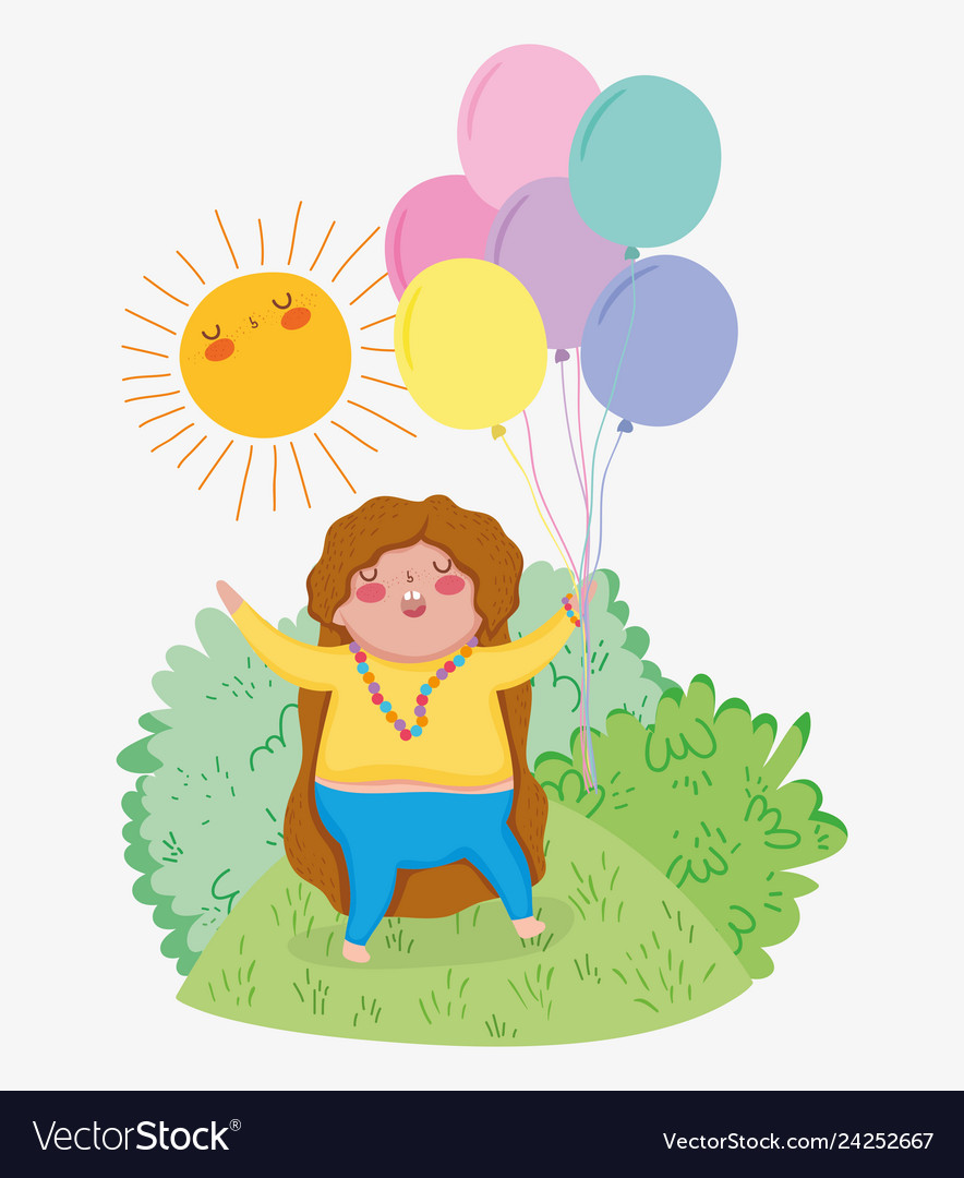 Girl game with balloons and sun in the bushes