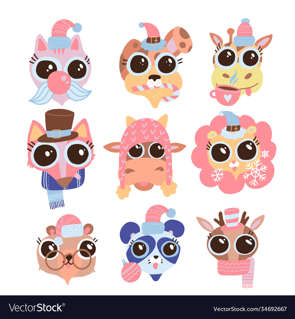 Set new year and christmas cute funny faces vector image Set new year and christmas cute funny faces