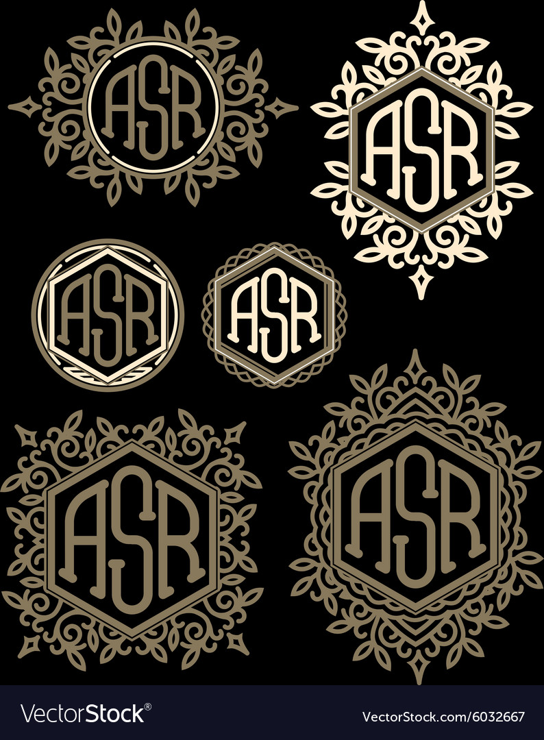 Set retro patterns monograms with floral