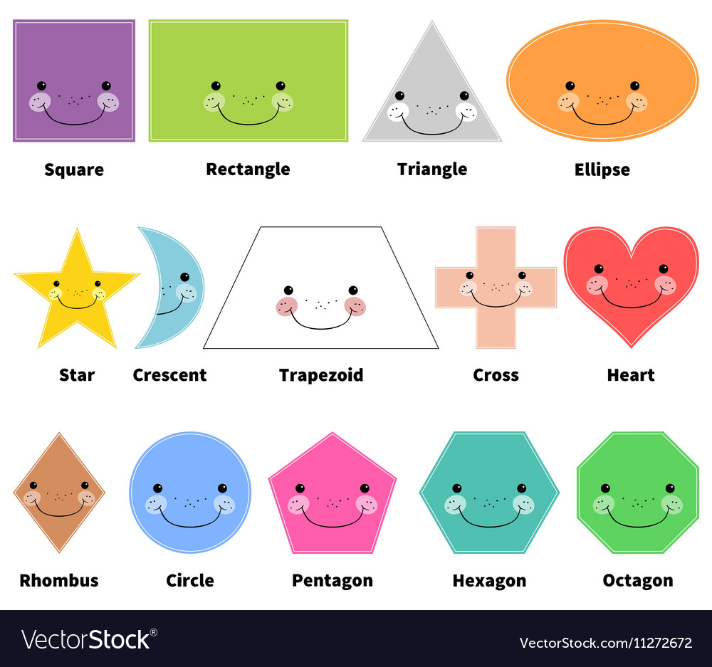 Learn 2d shapes cartoon smiling shapes for kids Vector Image