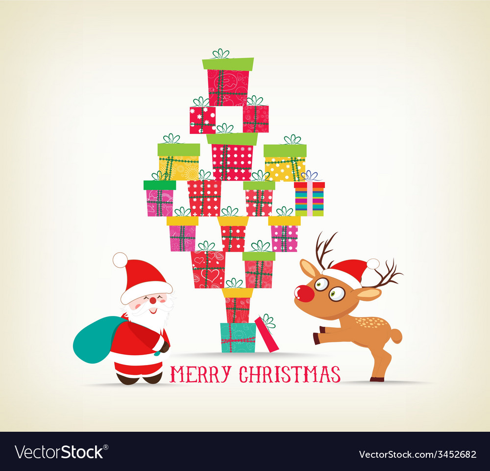 Merry christmas with gifts deer and santa claus