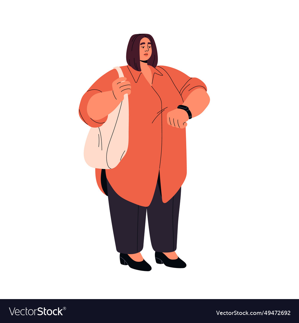 Plus size woman watching on wristwatch chubby Vector Image