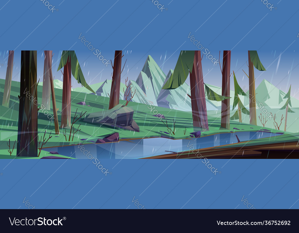 Rain in coniferous forest with lake and mountains vector image Rain in coniferous forest with lake and mountains