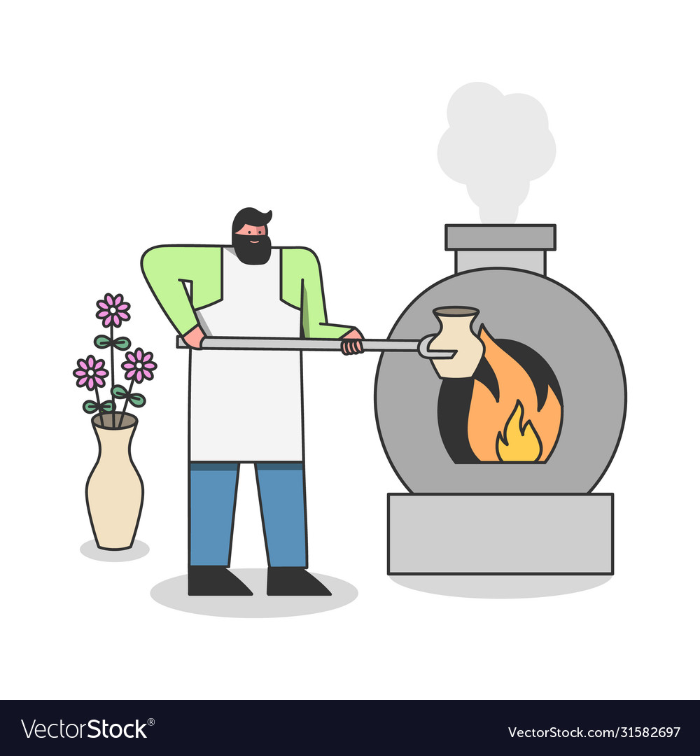 Man putting clay pot in pottery kiln fire to burn Vector Image