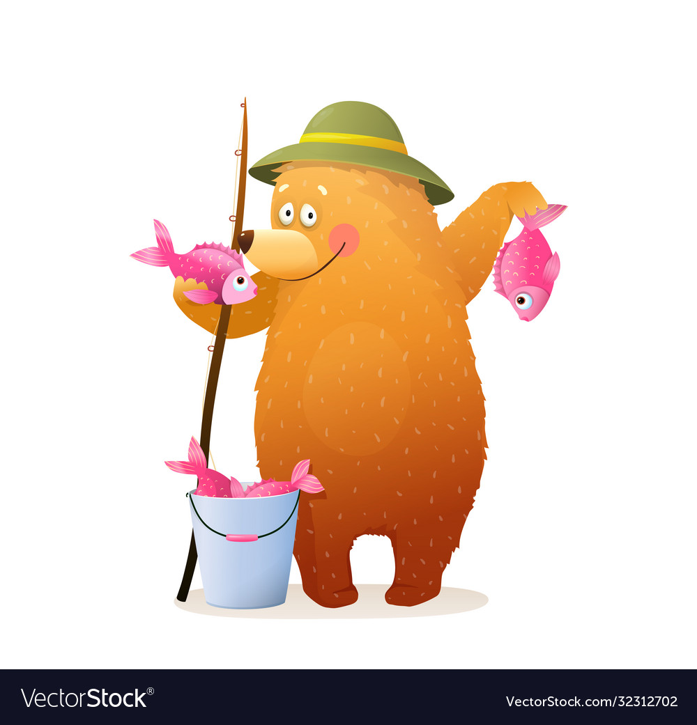 Bear cub fisherman character with fish cartoon Vector Image