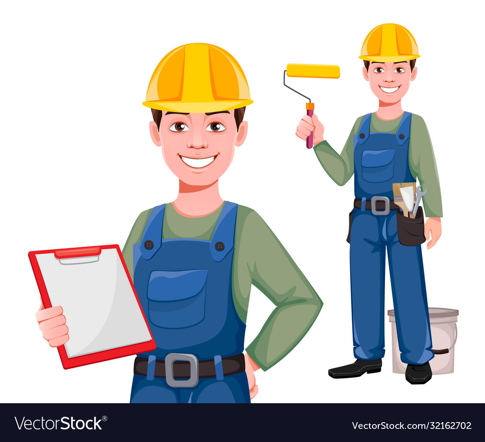 Builder cartoon character set two poses Royalty Free Vector