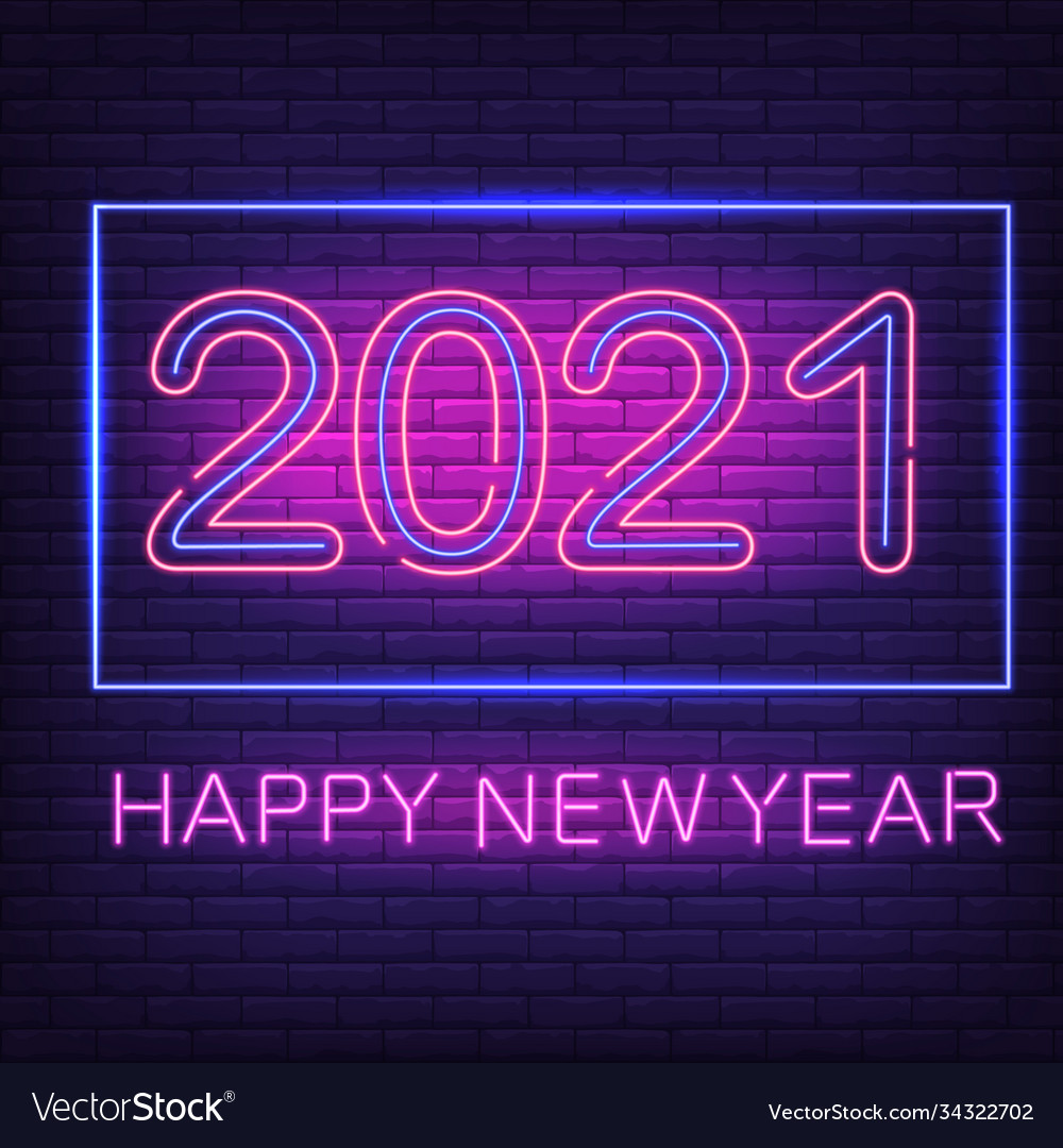 Happy new year 2021 purple neon signboard Vector Image