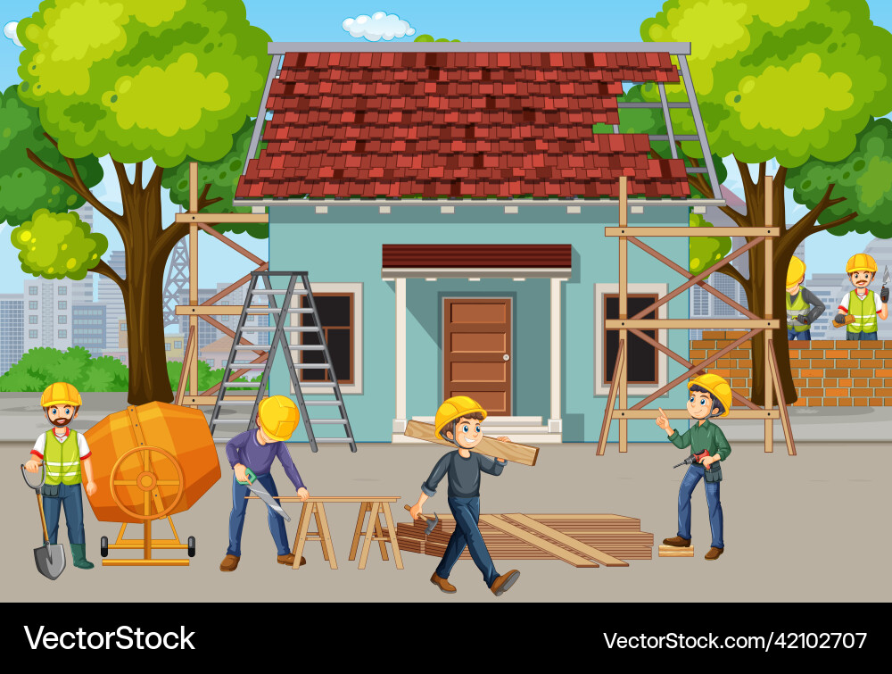 Construction site with workers Royalty Free Vector Image