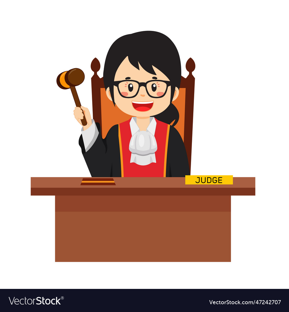 Judge character sitting desk with hammer cartoon