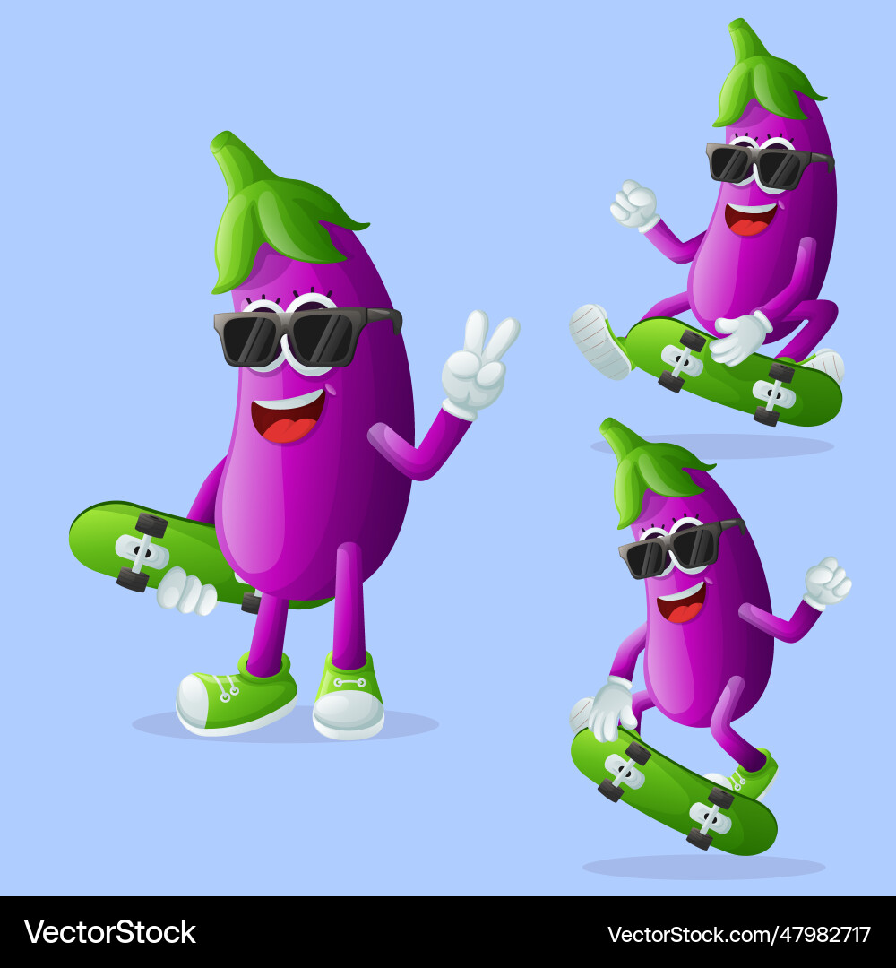 Cute eggplant characters skateboarding Royalty Free Vector