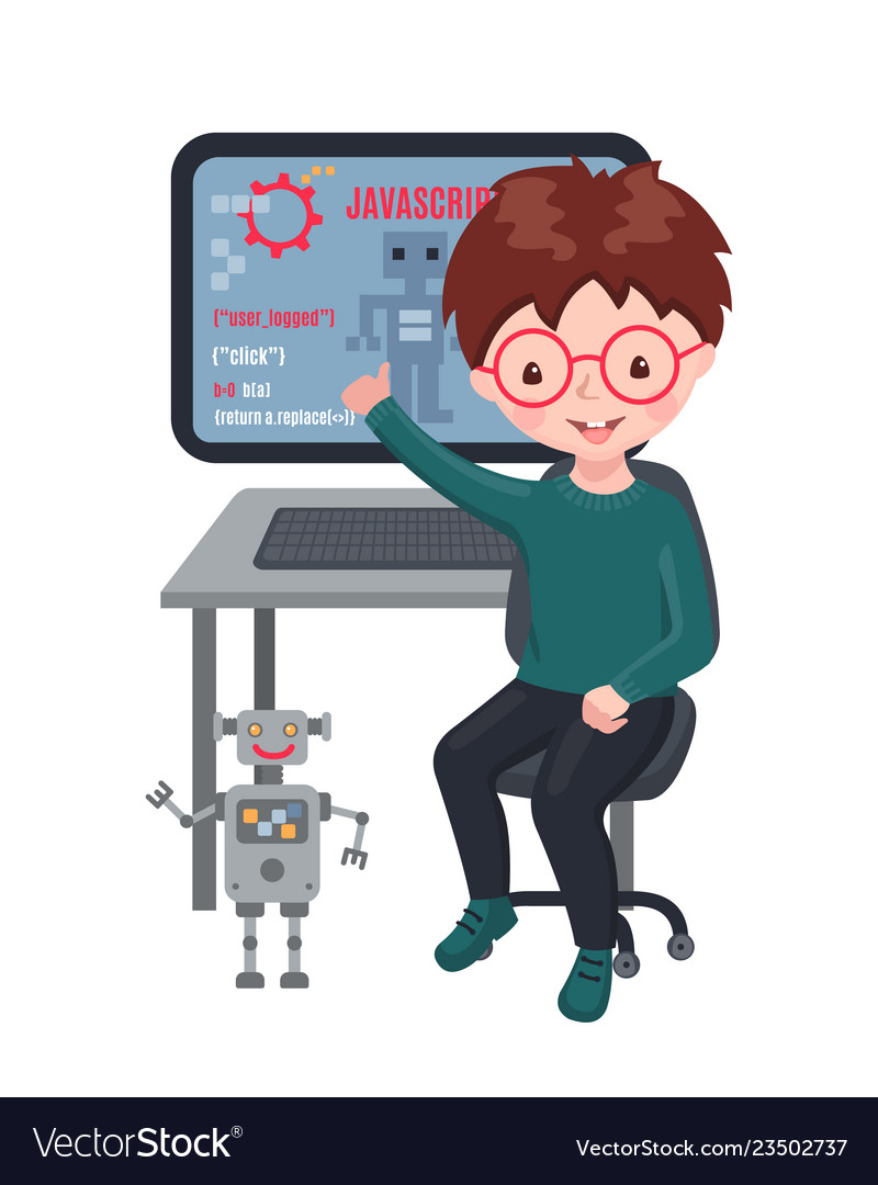 Smiling boy sitting at laptop and learning coding Vector Image