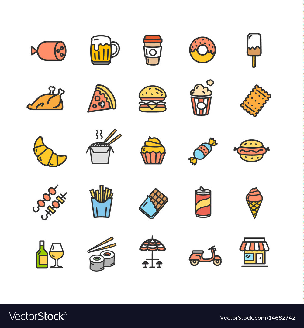 Fastfood And Street Food Color Thin Line Icon Set Vector Image