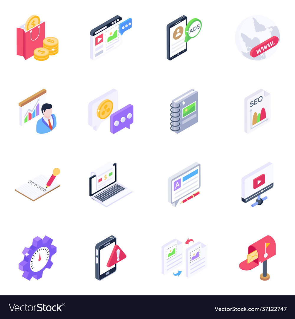 Pack seo and digital development isometric icon Vector Image